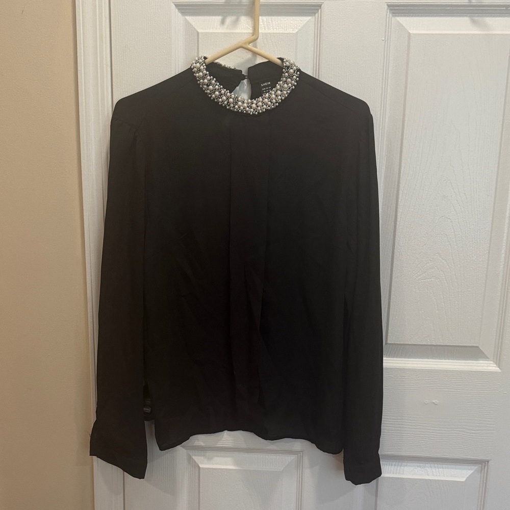 SHEIN Black Top with Beaded Collar